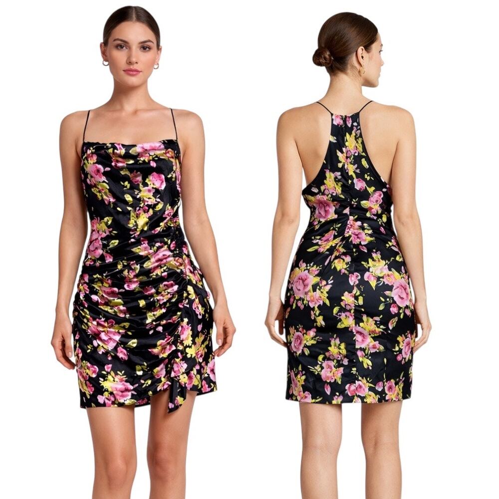 Likely Asta Floral Print Satin Mini Dress Ruffle Side Ruch Size 6